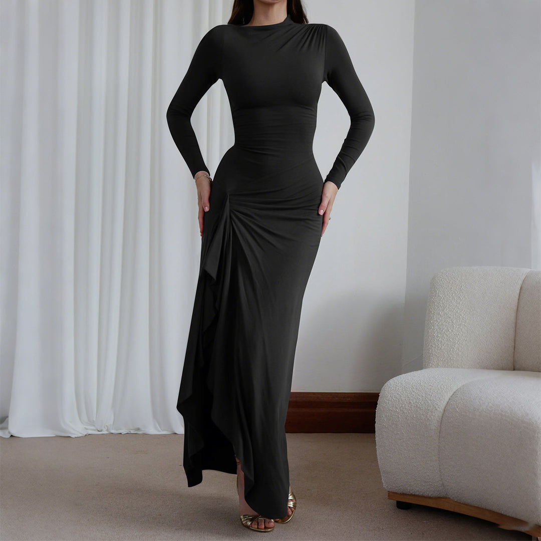 Damen nan gerafftes Maxikleid mit langen Ärmeln, taillierender Stretch-Passform und seitlichem Volant-Detail Echo Archiv