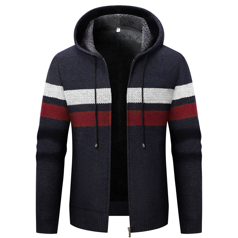 Herren Kapuzen-Strickjacke mit Teddyfutter, Reißverschluss und Kontraststreifen Echo Archiv