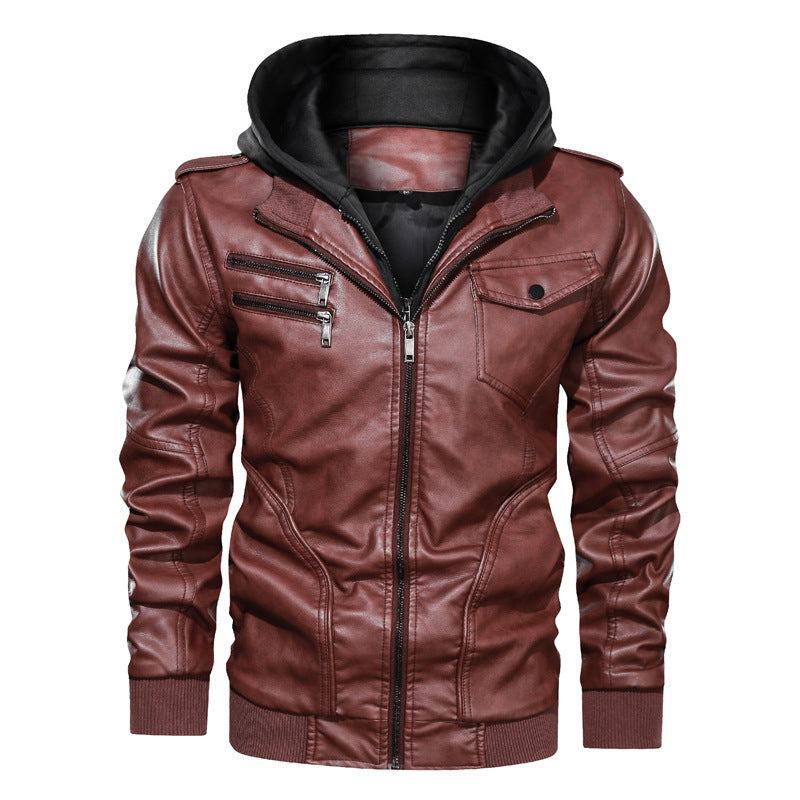 Herren Lederoptik Kapuzenjacke im Bikerstil mit Reißverschlusstaschen und Rippbündchen – Taviero
