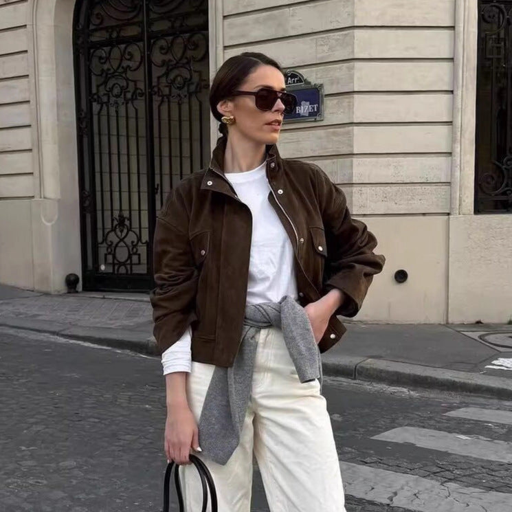 Damen nan kurze Oversize-Jacke in Wildlederoptik mit Stehkragen, aufgesetzten Pattentaschen und elastischem Bund Echo Archiv