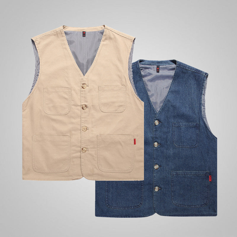 Herren Canvas-Utilityweste aus Baumwolle mit aufgesetzten Taschen und gestreiftem Innenfutter – Marzano