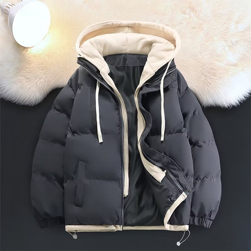 Unisex Gepolsterte Kapuzen-Winterjacke mit kontrastierendem Futter und Kordelzug Echoarchiv