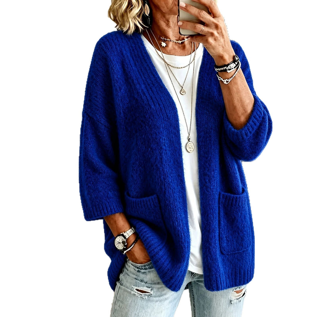 Damen Offener Longcardigan im Mohair-Look mit aufgesetzten Taschen und überschnittener Schulter – Veloura