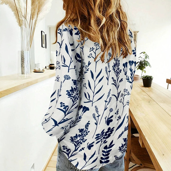 Damen nan lockere Leinenoptik-Bluse mit V-Ausschnitt botanischem Alloverprint und Dreiviertelärmeln Echo Archiv