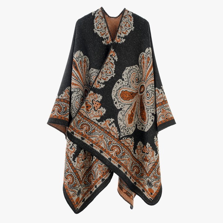 Damen Oversize-Orientalischer Jacquard-Überwurf mit Paisley‑Medaillon und Zierstich – Avérine