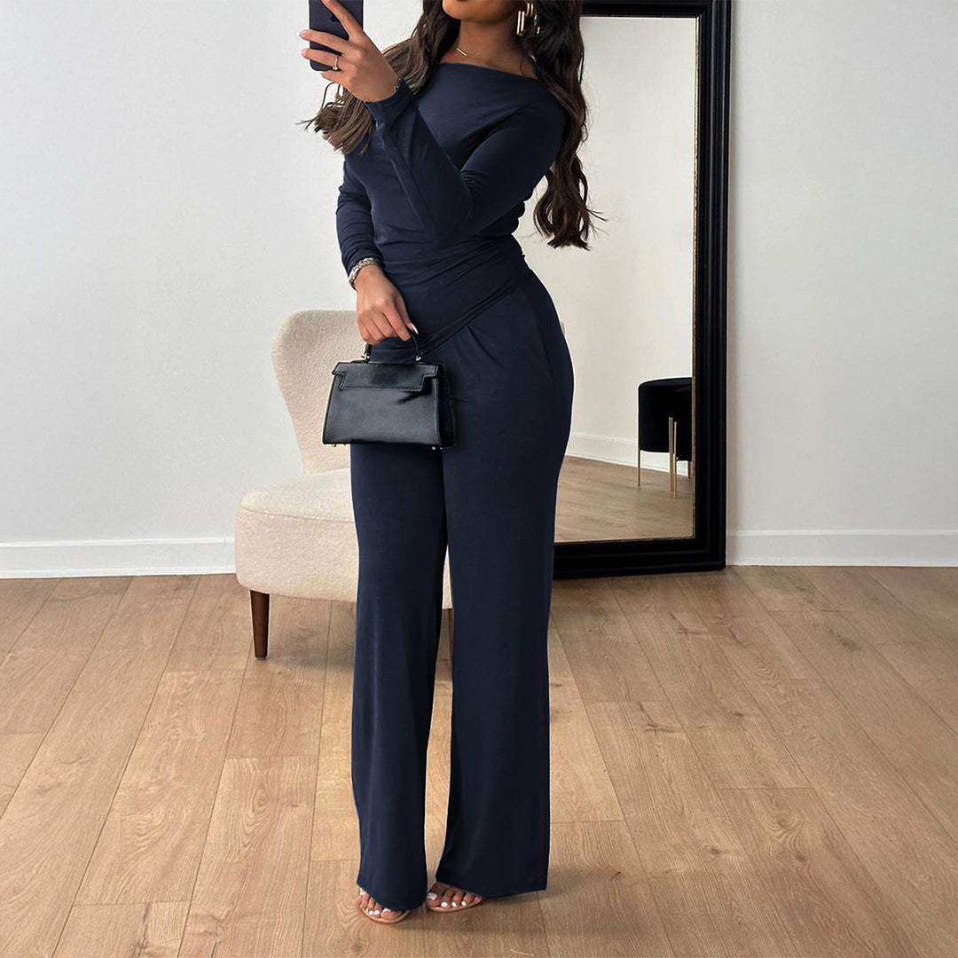 Damen nan zweiteiliges Jersey-Set mit asymmetrischer Wickeloptik, Langarmtop und weiter High‑Waist‑Hose Echo Archiv