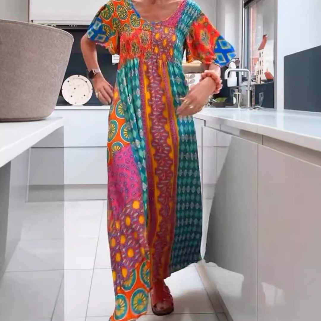 Damen nan Boho Maxikleid mit gesmoktem Oberteil und weitem Fließrock Echo Archiv