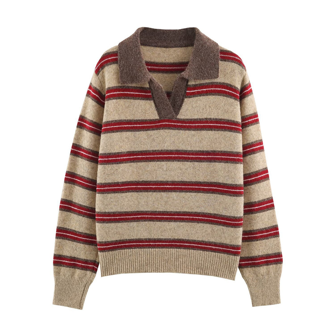 Damen Gestreifter Oversize-Pullover mit Polokragen und V-Ausschnitt Echoarchiv