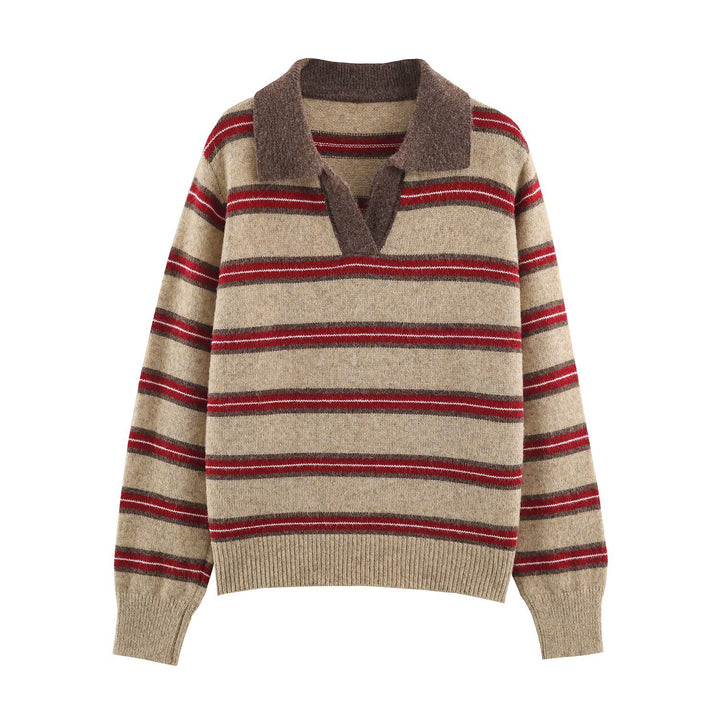 Damen Gestreifter Oversize-Pullover mit Polokragen und V-Ausschnitt Echoarchiv
