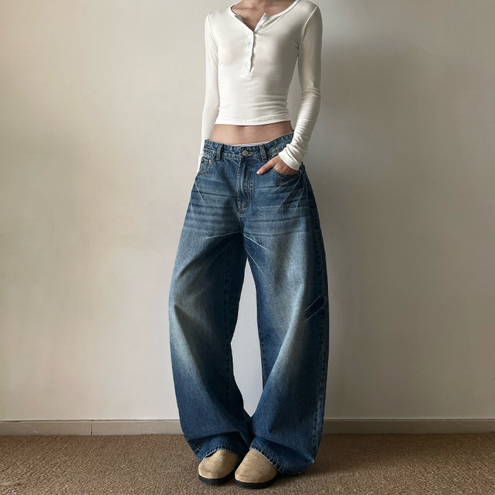Damen Ultraweite Vintage-Denim Marlene-Jeans mit soften Used-Falten und bodenlangem Saum Echo Archiv