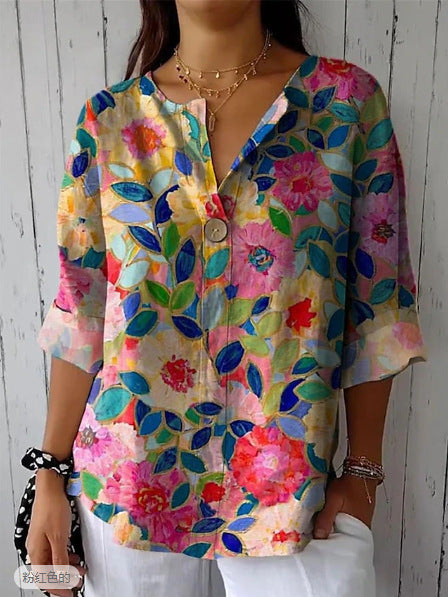 Damen Lose Blumenmuster Leinenlook Bluse Tunika mit V-Ausschnitt und Dreiviertelärmeln – Élovi