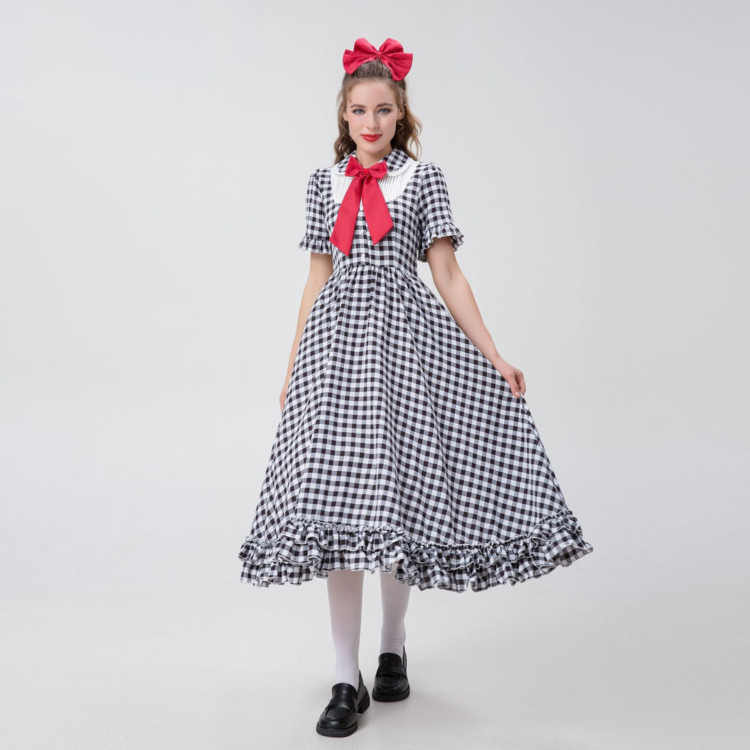 Damen nan Vintage-inspiriertes Karo-Swingkleid mit abnehmbarer Schürze, Rüschenärmeln und Schleifenkragen Echo Archiv