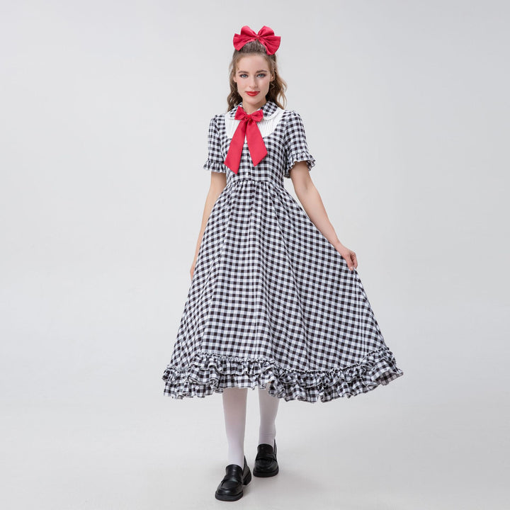 Damen nan Vintage-inspiriertes Karo-Swingkleid mit abnehmbarer Schürze, Rüschenärmeln und Schleifenkragen Echo Archiv