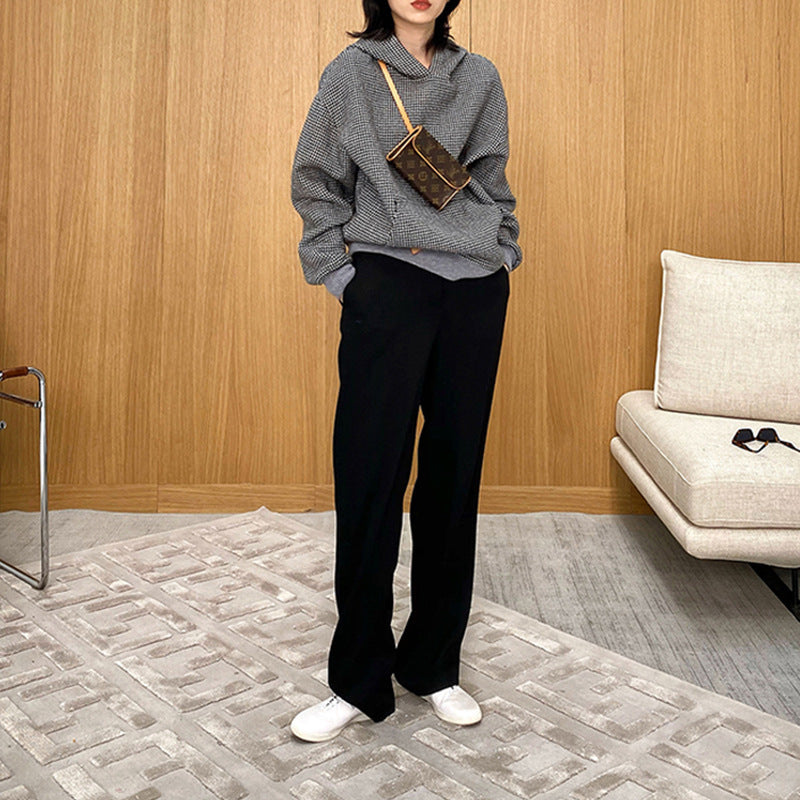 Damen Oversized Sweatjacke mit Kapuze und modernem Houndstooth-Muster Echoarchiv