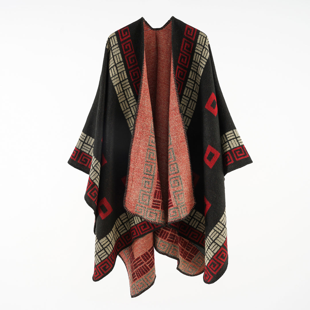 Damen Kastiger Wollmix-Ruana mit kontrastiertem Innenfutter und grafischem Jacquard Echo Archiv