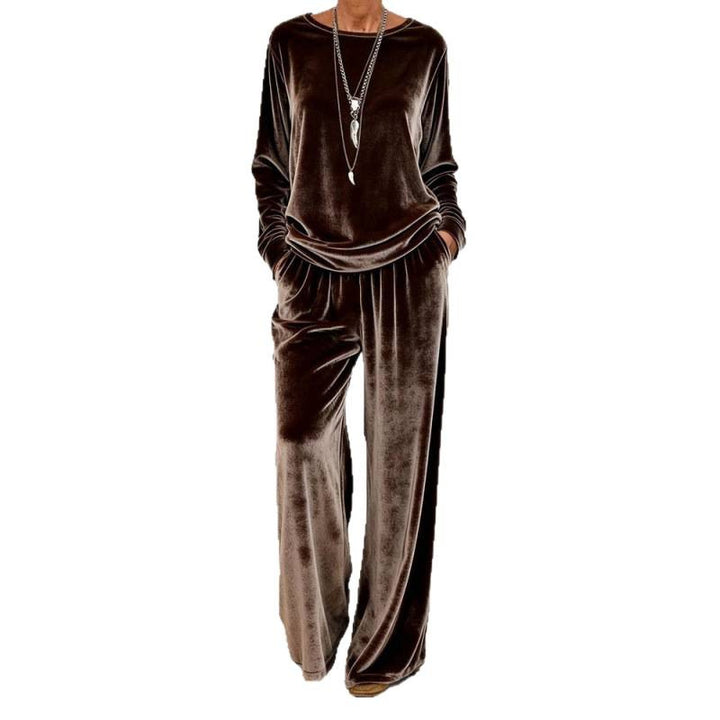 Damen Samt-Loungewear-Set mit weitem Bein, elastischem Bund und Rundhalsausschnitt – Élanora