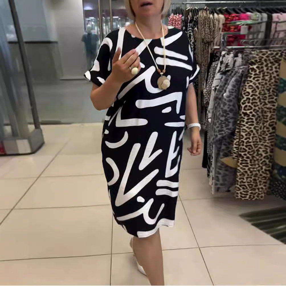Damen nan knielanges Komfort-Shiftkleid mit großflächigem Pinselstrich-Print und umgeschlagenen Kurzärmeln Echo Archiv