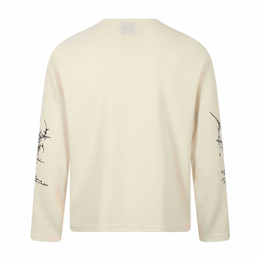 Unisex Waffelstrick-Henley-Langarmshirt mit 3‑Knopfleiste und Allover-Print Echoarchiv