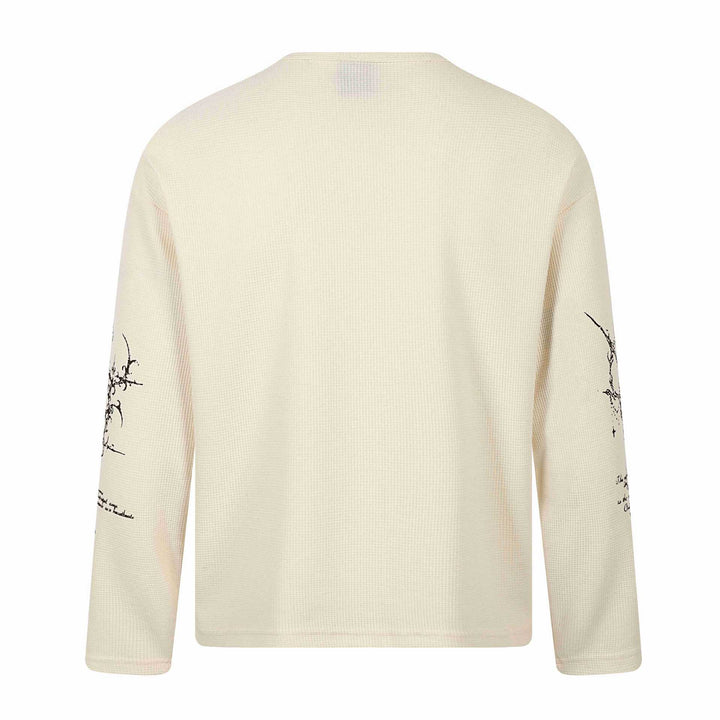Unisex Waffelstrick-Henley-Langarmshirt mit 3‑Knopfleiste und Allover-Print Echoarchiv