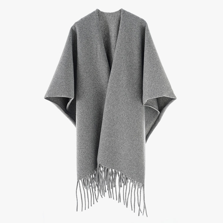 Damen Minimalistischer Wollcape-Überwurf mit Fransensaum und offenem Fall Echo Archiv