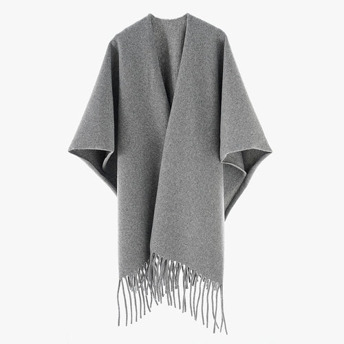 Damen Minimalistischer Wollcape-Überwurf mit Fransensaum und offenem Fall Echo Archiv