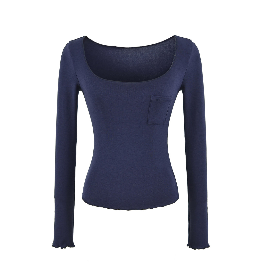 Damen Figurbetontes geripptes Langarmshirt mit weitem Quadrat-Ausschnitt und Brusttasche Echoarchiv
