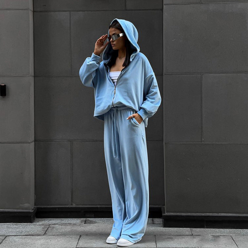 Damen nan luxuriöses Velours-Zweiteiler Set mit kurzem Reißverschluss-Hoodie und weiten Highwaist-Loungehosen Echo Archiv