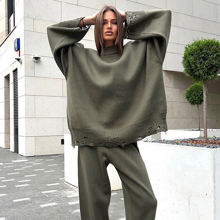 Damen Oversize-Strickset aus Feinstrick mit Destroyed-Saum, weitem Pullover und legerer Schlupfhose Echoarchiv