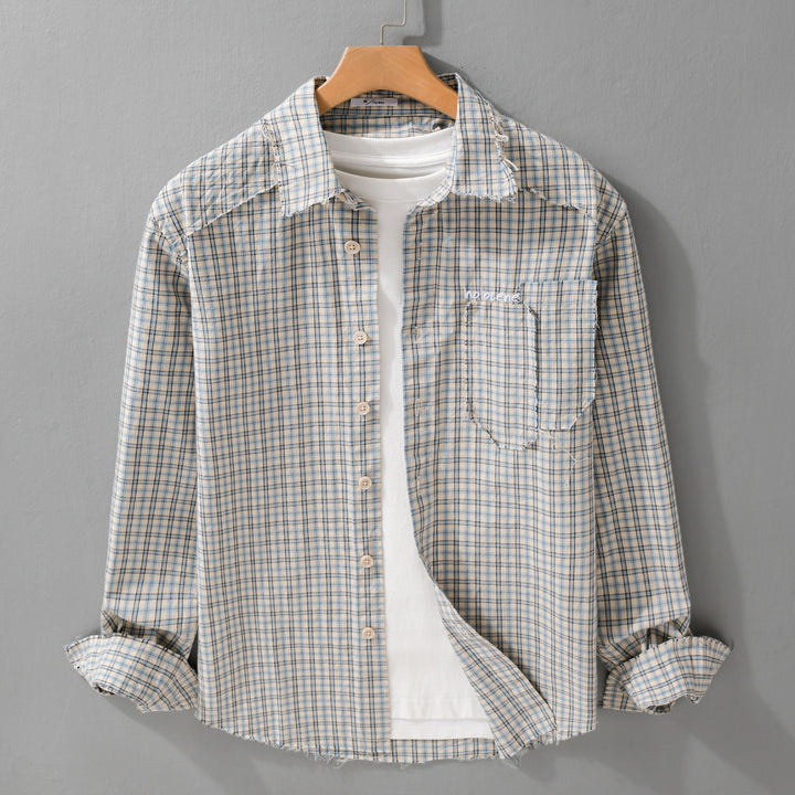 Herren Karo-Overshirt mit fransigem Saum, Brusttasche und Relaxed-Fit Echoarchiv