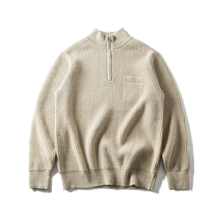 Herren Grobstrick Half‑Zip Pullover mit Stehkragen und Brusttasche Echoarchiv