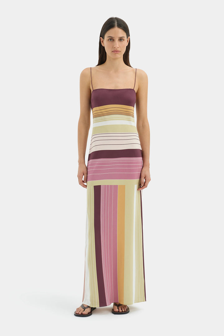 Damen nan figurbetontes Maxikleid mit Spaghettiträgern, geradem Ausschnitt, Paneelstreifen und seitlichem Schlitz Echo Archiv