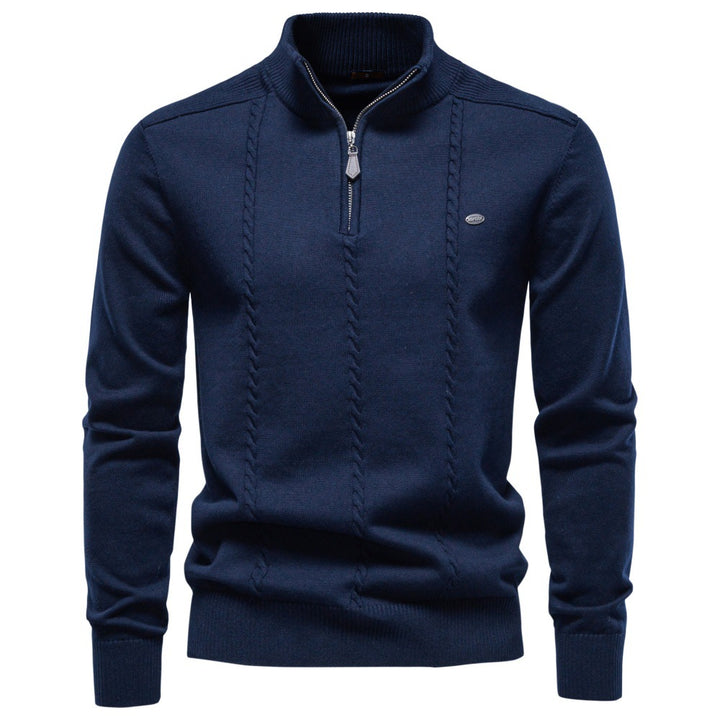 Herren Feinstrickpullover mit halbem Reißverschluss und vertikalem Zopfmuster Echoarchiv