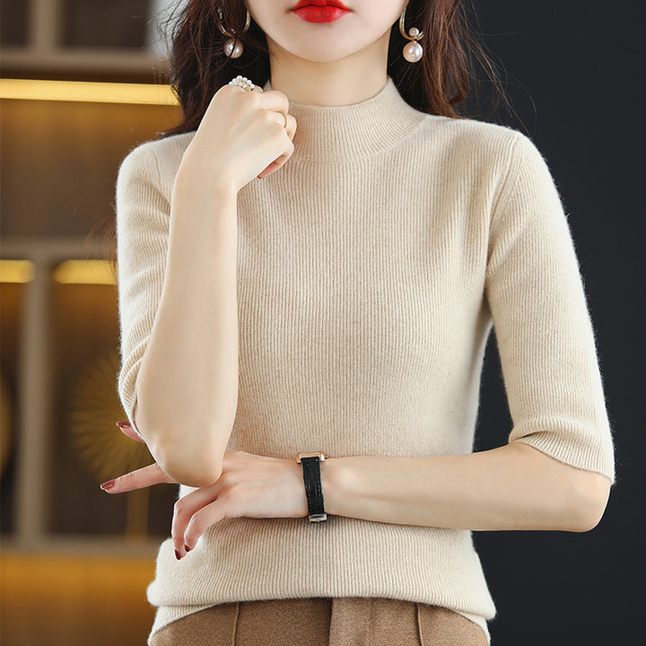 Damen Kurzarm-Feinstrickpullover mit Stehkragen und taillierter Passform Echoarchiv