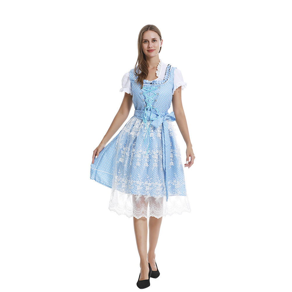 Damen nan romantisches Alpenkleid mit geschnürtem Mieder, Spitzeneinsatz und Taillenschärpe Echo Archiv