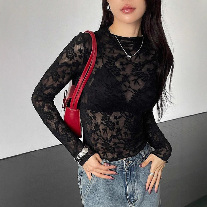 Damen nan eng anliegendes Spitzen-Langarmshirt mit floraler Ajour-Spitze, leicht transparent und Stehkragen Echo Archiv