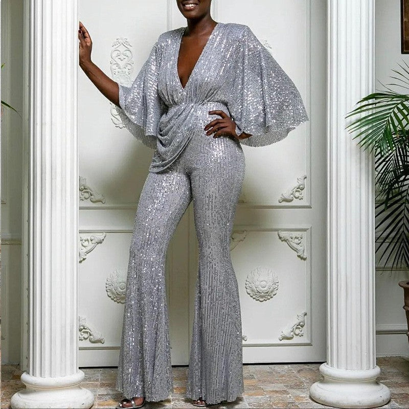 Damen Glamouröser Jumpsuit mit funkelnden Pailletten und weitem Bein Echoarchiv