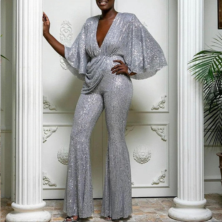 Damen Glamouröser Jumpsuit mit funkelnden Pailletten und weitem Bein Echoarchiv