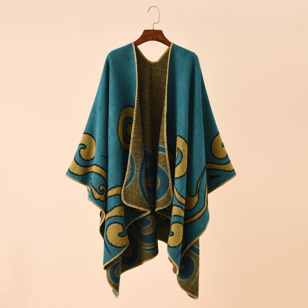 Damen Wollmix-Capeponcho im Ruana-Schnitt mit ornamentaler Intarsienstruktur – Montévia