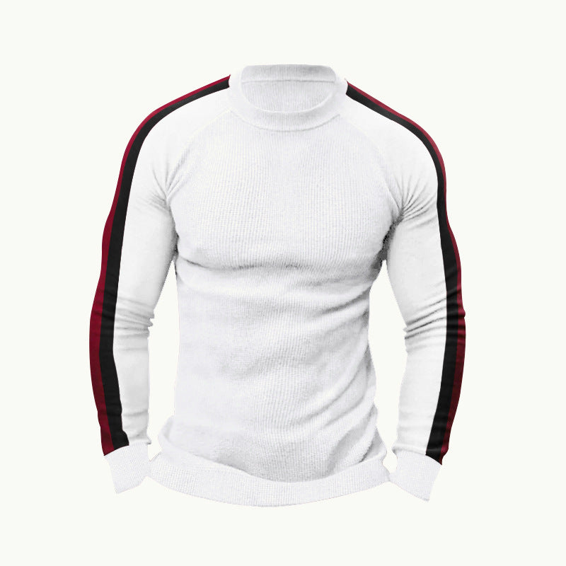 Herren sportlicher Strickpullover mit kontrastierenden Ärmeln und hohem Kragen Echoarchiv
