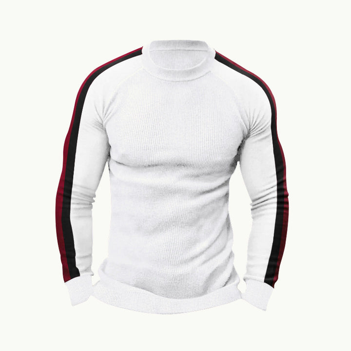Herren sportlicher Strickpullover mit kontrastierenden Ärmeln und hohem Kragen Echoarchiv
