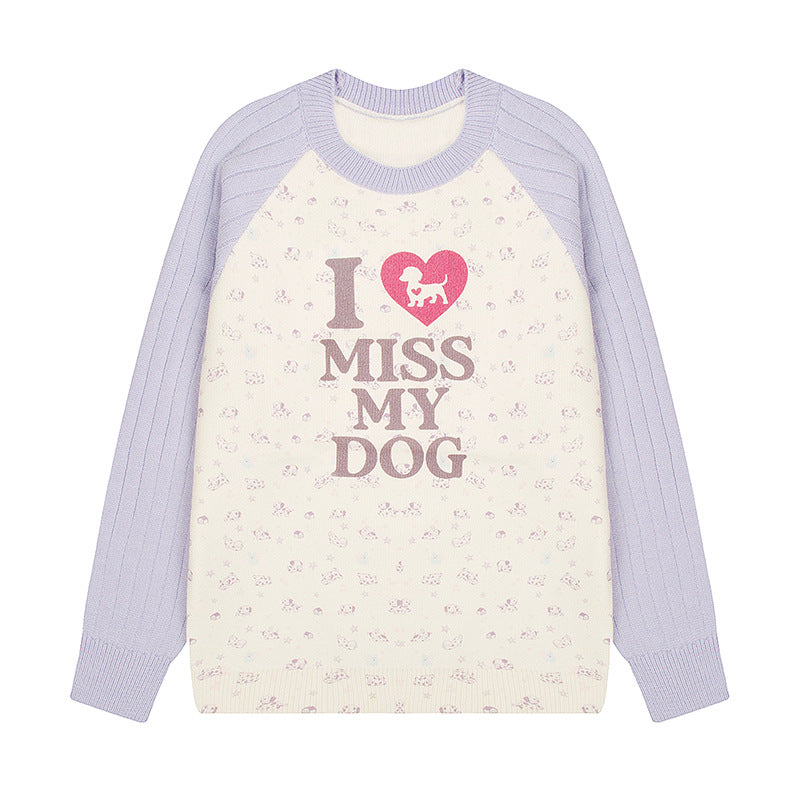 Damen Strickpullover mit Raglanärmeln, Allover-Hundemotiv und Statement-Print Echoarchiv