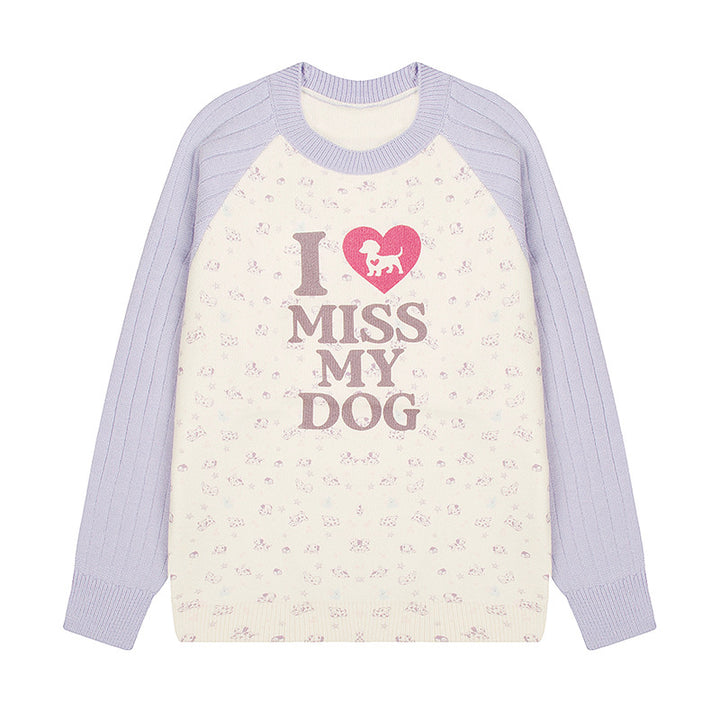 Damen Strickpullover mit Raglanärmeln, Allover-Hundemotiv und Statement-Print Echoarchiv