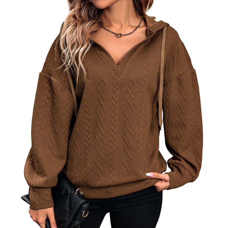 Damen Strukturiertes Zopfmuster-Kapuzen-Sweatshirt mit V-Ausschnitt und Ballonärmeln Echoarchiv
