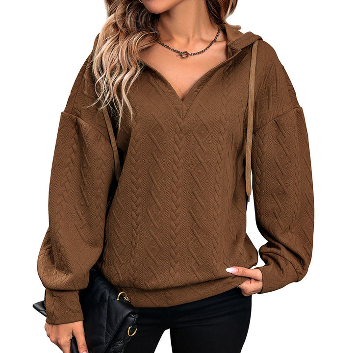 Damen Strukturiertes Zopfmuster-Kapuzen-Sweatshirt mit V-Ausschnitt und Ballonärmeln Echoarchiv