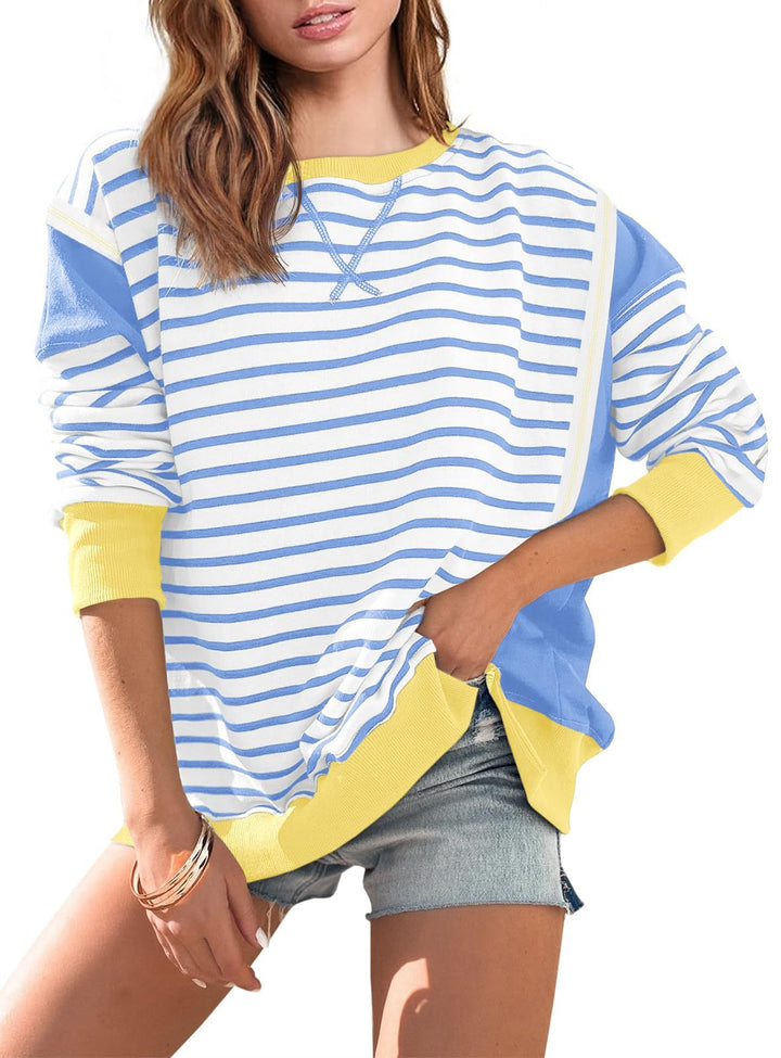 Damen Oversize Streifen-Sweatshirt mit Rundhalsausschnitt und Colorblock-Ärmeln – Avérine