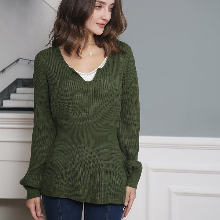 Damen Lockerer Feinstrick-Pullover mit V-Notch-Ausschnitt, Tailliertem Rippbund und Ballonärmeln Echo Archiv