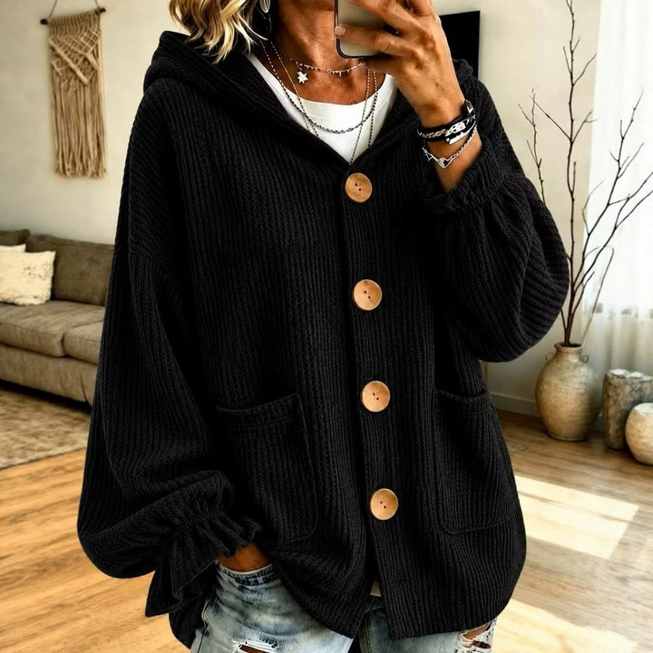 Damen Oversize Kapuzen-Strickjacke mit Waffelstruktur und Holzknöpfen Echo Archiv