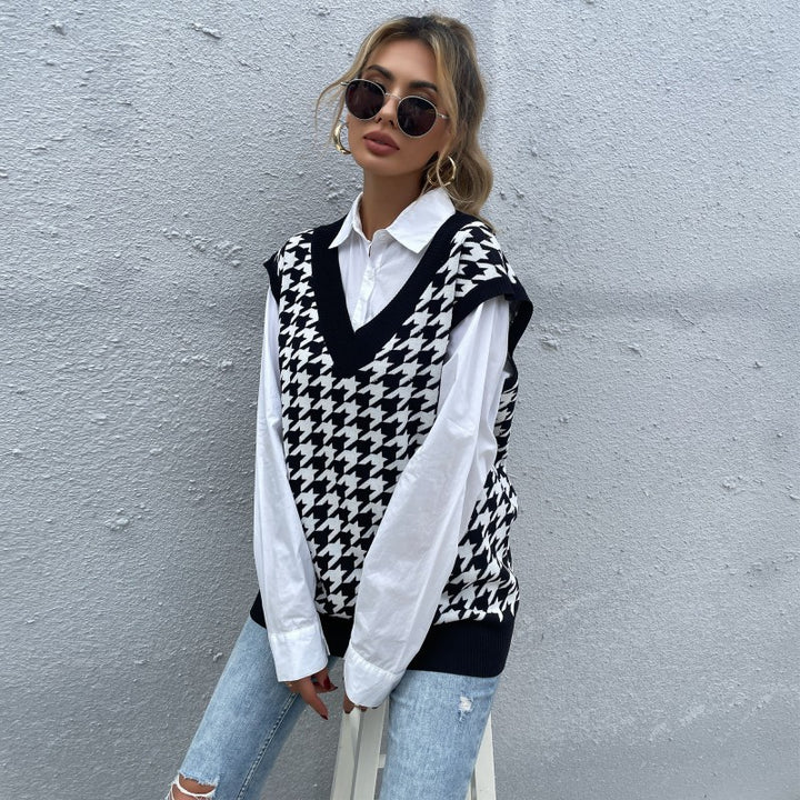Damen Oversize Strickweste mit Hahnentrittmuster und V-Ausschnitt Echoarchiv