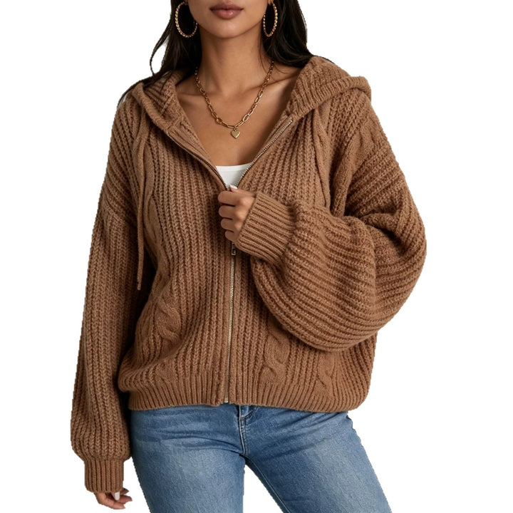 Damen Kapuzen-Cardigan im Grobstrick mit Zopfmuster und Reißverschluss – Veloura