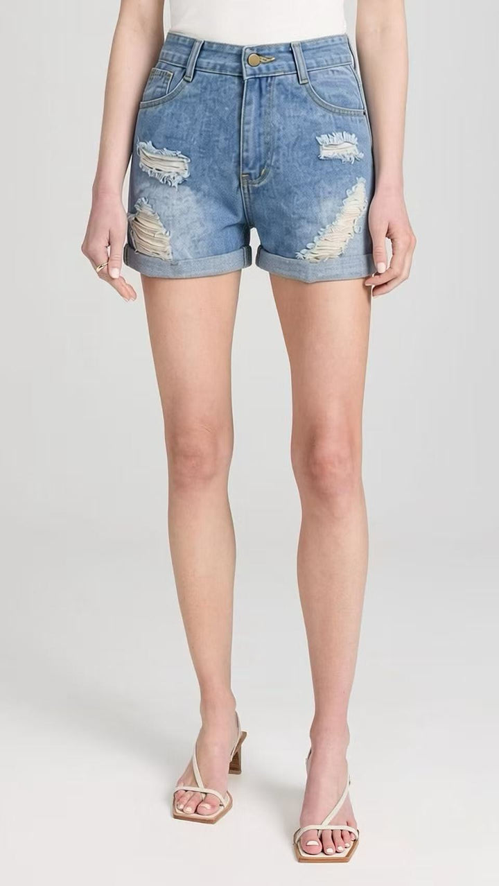 Damen Destroyed Denim-Shorts mit hohem Bund und stylischem Fransen-Look Echo Archiv